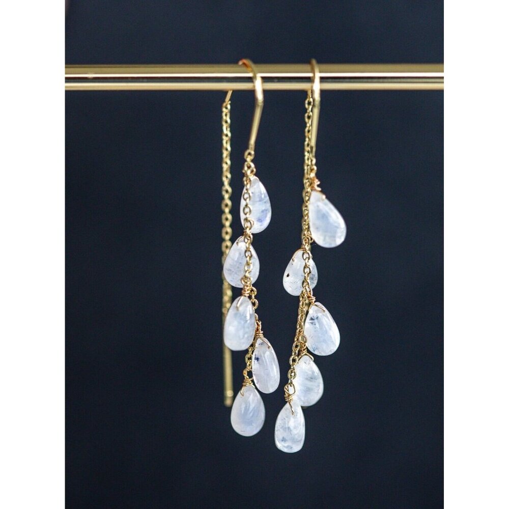 Rainbow Moonstone Threader Earrings Gemstone Dangle Earring Non-tarnish Gold